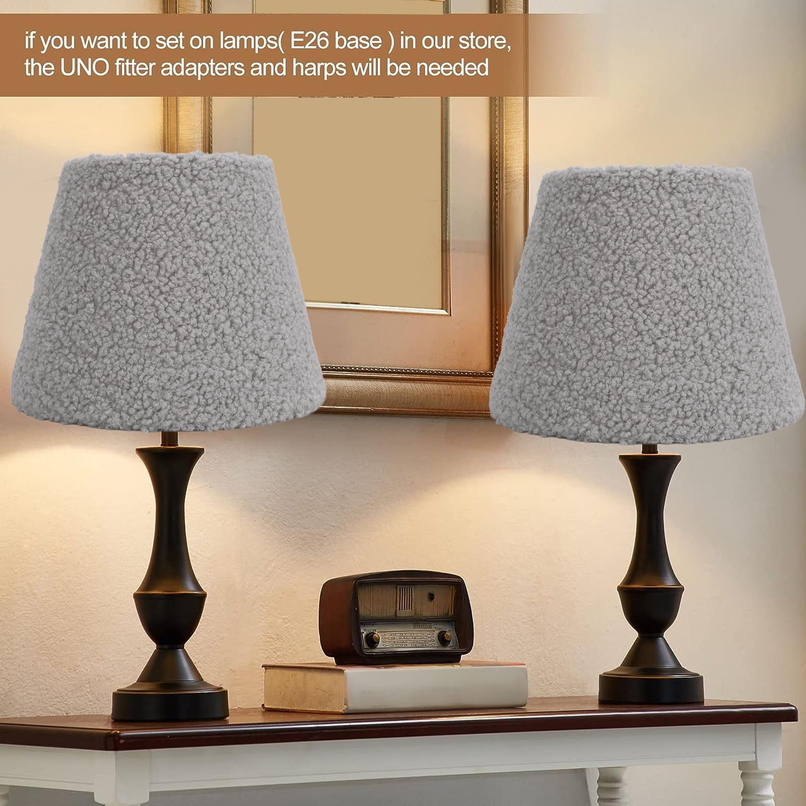 YAHHU Plush Cloth Lamp Shade Replacement Decorative Soft Comfortable Cone Round Lamp Shade for E27 E14 Table Lamp, Grey (6.7 inches / 17 cm)