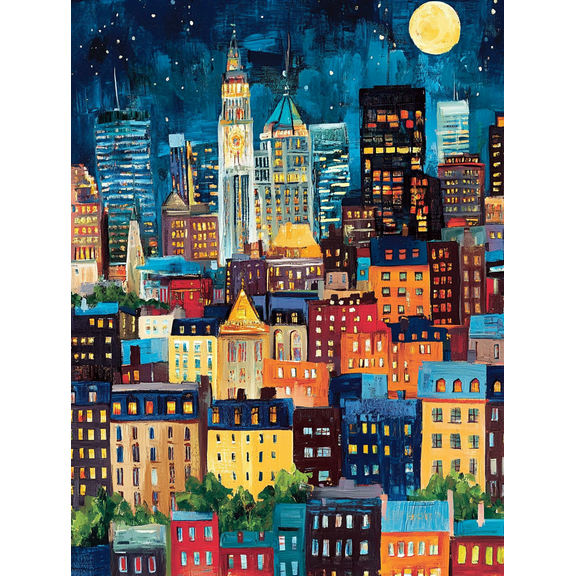Boston Night Cityscape Canvas Painting， Suitable for Living Room， Bedroom， Office， Hallway， and Dining Room Decoration.