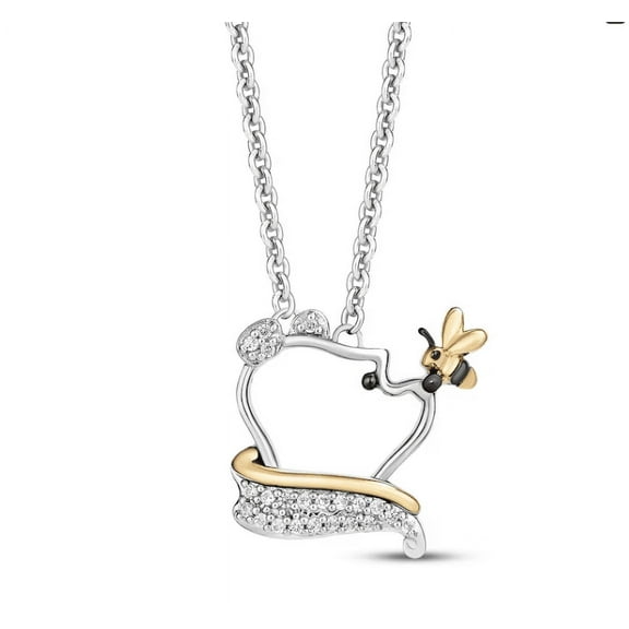 Winnie the Pooh Necklace in 925 Sterling Silver 14K Two Tone Gold Vermeil Teddy Necklace, Dainty Bear Necklace,Pooh Bear Pendant With 18" Chain pooh and Honey Bee Diamond Charm Pendant chain
