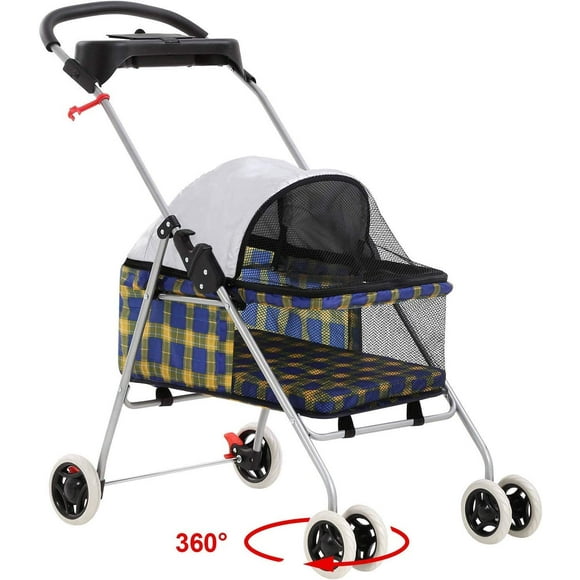FDW BestPet Poussette pour Animaux 4 Roues Chic Pliable Imperméable Portable de Voyage Poussette pour Chat Chien, Porte-Gobelet (Carreauté Jaune)