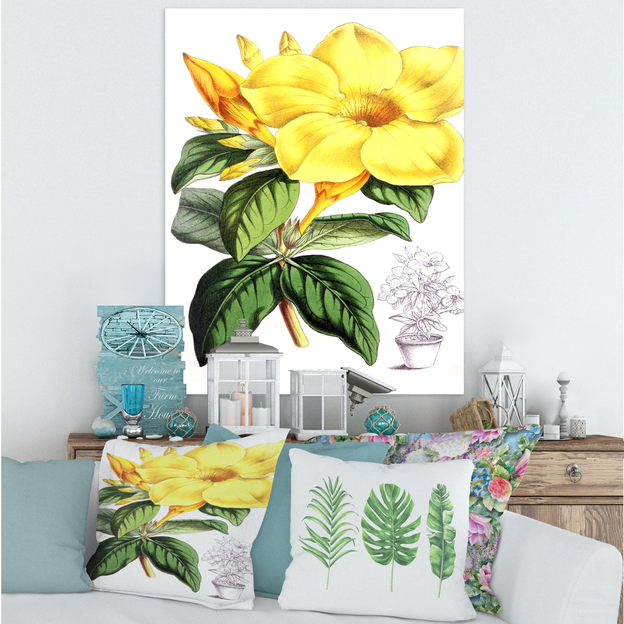 Designart ' Green Leaves With Tropical Yellow Flowers II ' Traditional Canvas Wall Art Print