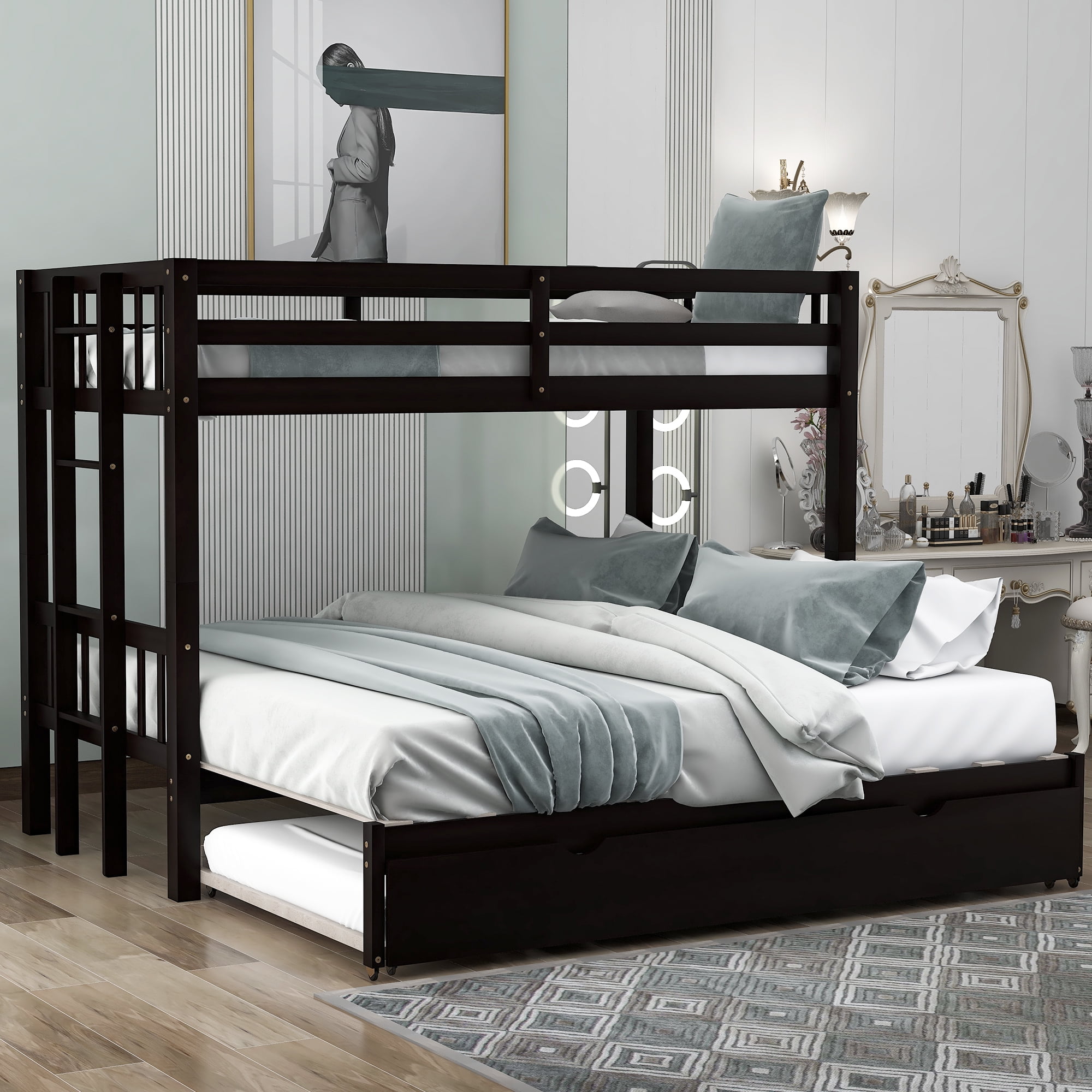 Euroco Wood Twin over Twin Bunk Bed with Trundle for Kids Teens Room, Espresso