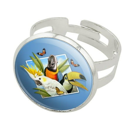 Tropical Birds Selfie Parrot Toucan Silver Plated Adjustable Novelty Ring