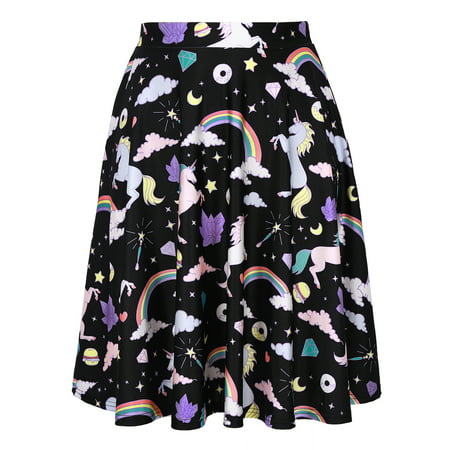 HDE Fun Printed Skater Skirts Flared Midi High Waist for Women (Unicorns and Rainbows,