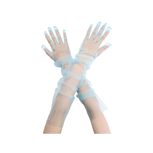 INSPIRAR CHIC Guantes largos de ópera de tul para mujer Guante de malla transparente para bodas nocturnas Azul claro L