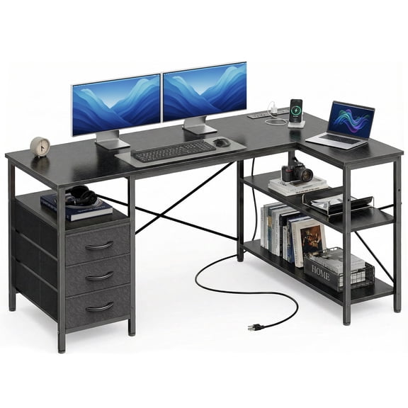 Amadwell 43 Inch L Shaped Desk with Power Outlets & Drawers, Reversible L-Shape Computer Desk