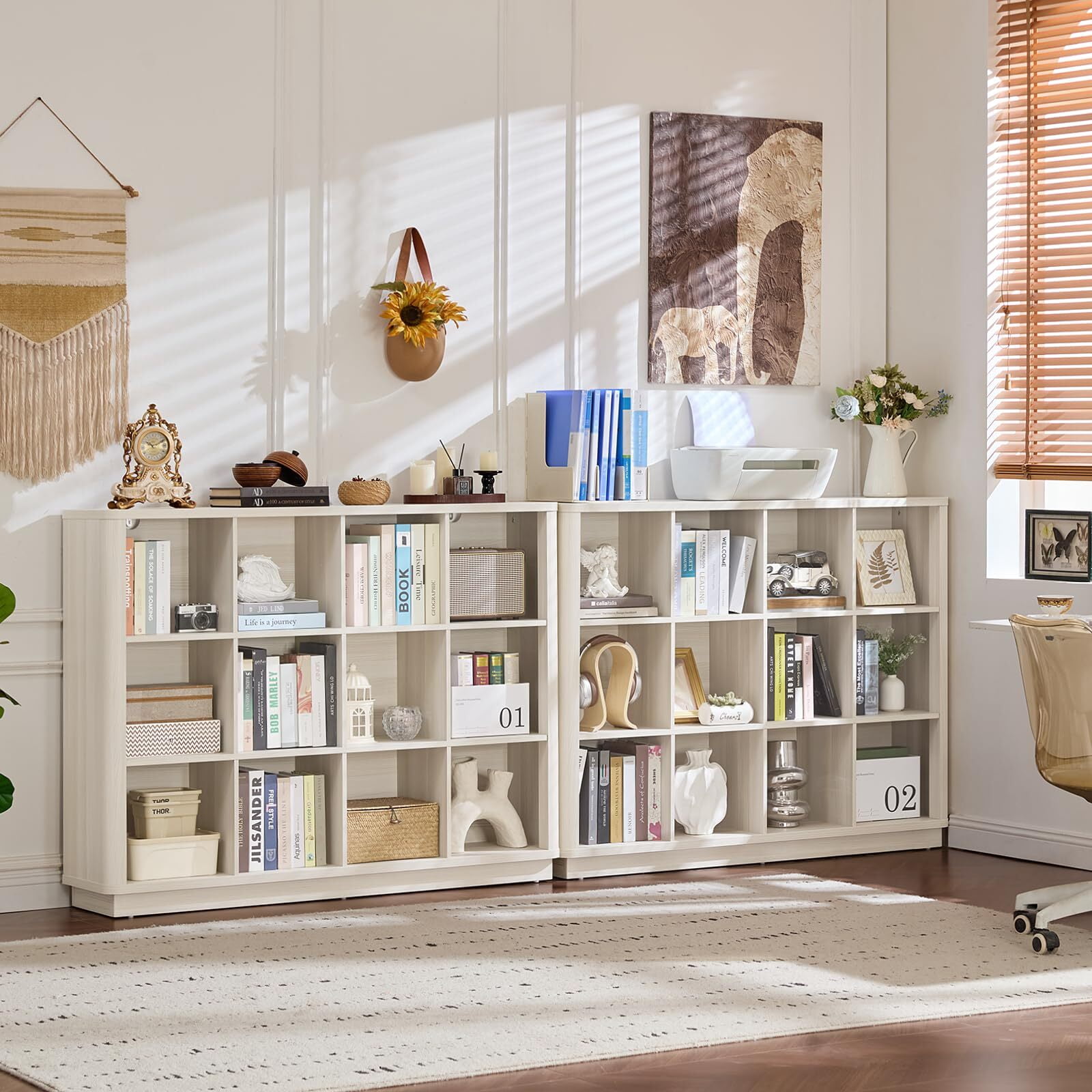 Buildhom 12-Cube 3-Tier Storage Bookcase, 41" Tall Floor Standing Bookshelf with Curved Edge for Living Room, Office, Gray-White