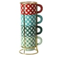 thumbnail image 3 of The Pioneer Woman Merry Meadow Gingham 5-Piece 12.5oz Stoneware Stacking Mugs with Rack, 3 of 9