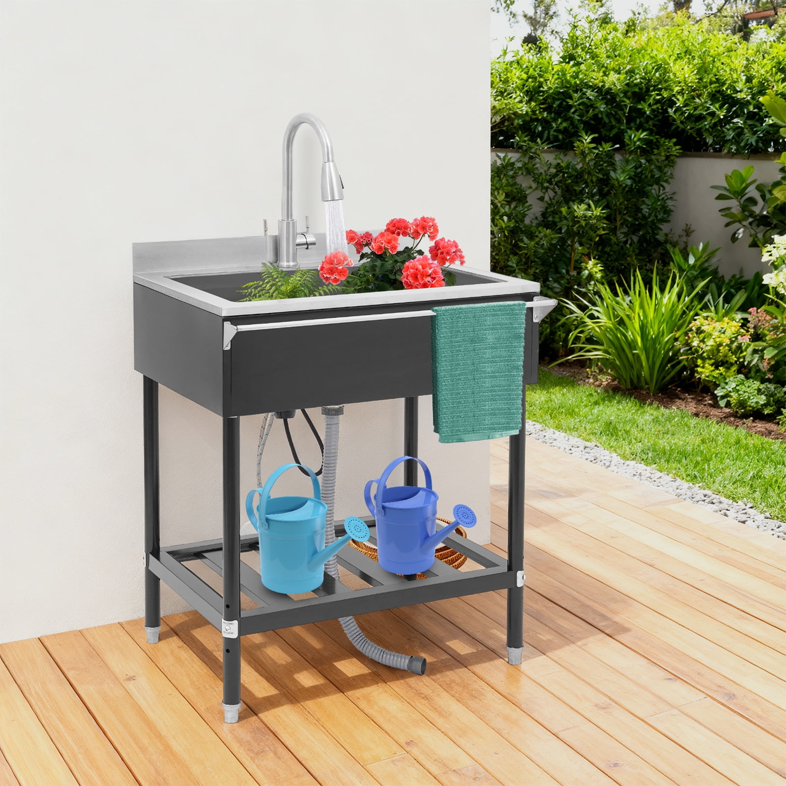Black Stainless Steel 30.7x22x40.35 Inch Independent Kitchen Sink With Drain Rack Large-Capacity Sink With Pull Tap