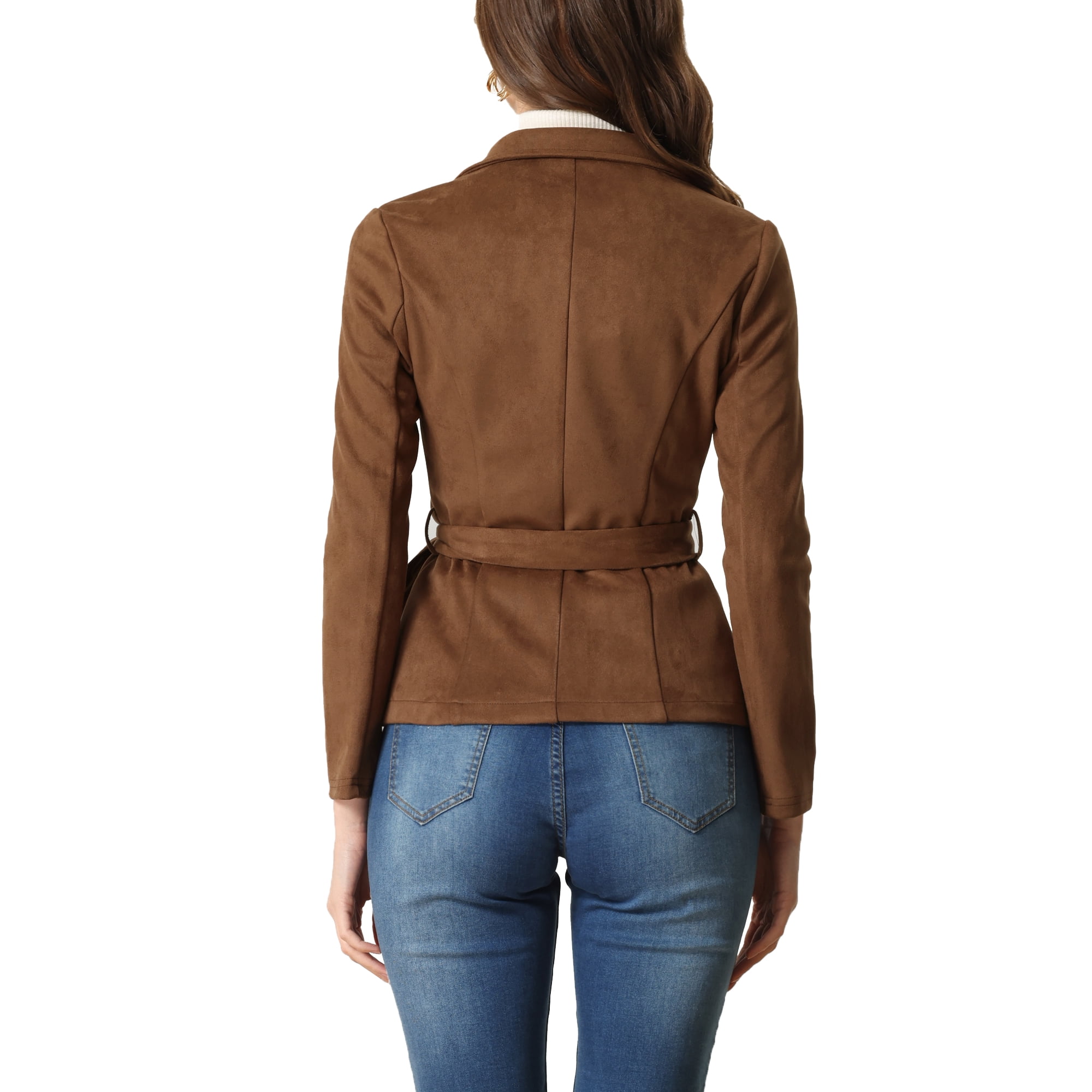 Unique Bargains Blazer Casual en Faux Daim pour les Vestes Col Revers Crante pour Femmes avec Ceinture Marron S