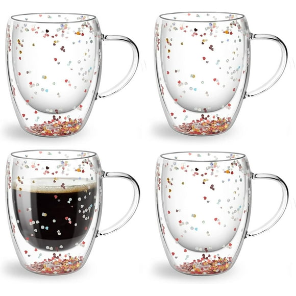 shiyou-Glitter Glass Coffee Mugs 350ml, 12oz Clear Sequins Glass Coffee Cups with Handles - Set of 4 Double Wall Insulated Coffee Mug Tea Latte Espresso Cups