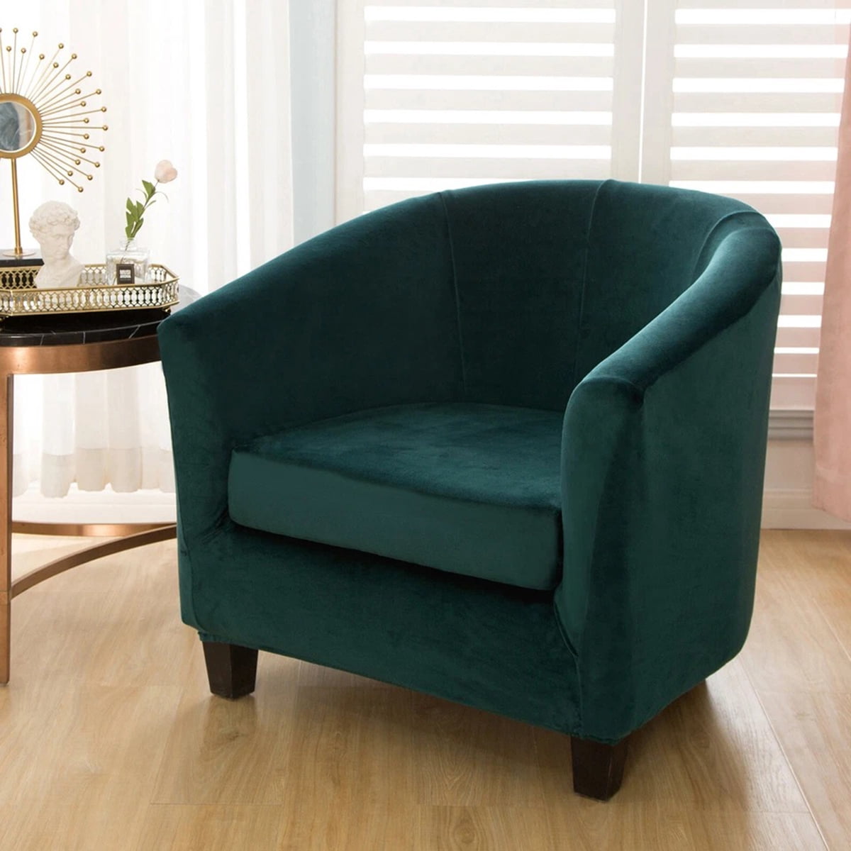 Eurhowing Stretchable Tub Chair Slipcover, 2-Piece Velvet Soft Armchair Cover with Cushion Cover, Elastic Fit Club Chair Sofa Couch Slipcover, 1-Pack, Dark Green