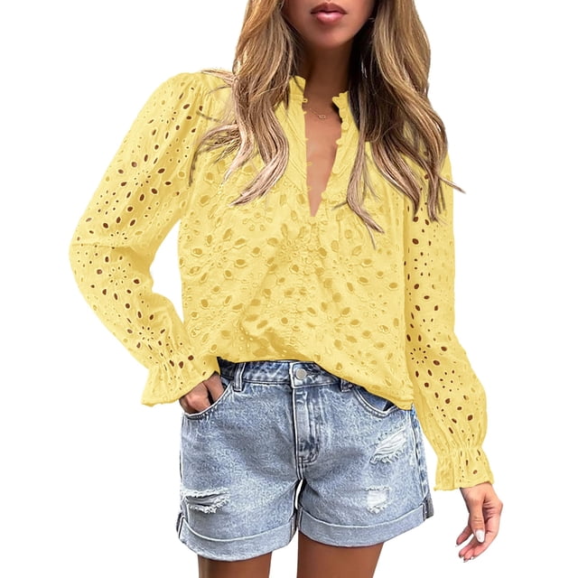 Blusa de Mujer PRETTYGARDEN Cuello en V Manga Abullonada Amarilla XXL