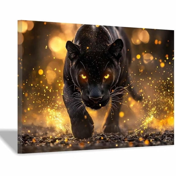 Mudket Panther Gold Canvas Wall Art, Framed Dark Jungle Animal Wall Decor for Men Living Room, Trendy Leopard Print Room Decor, Ready to Hang - 12"L x 8"W