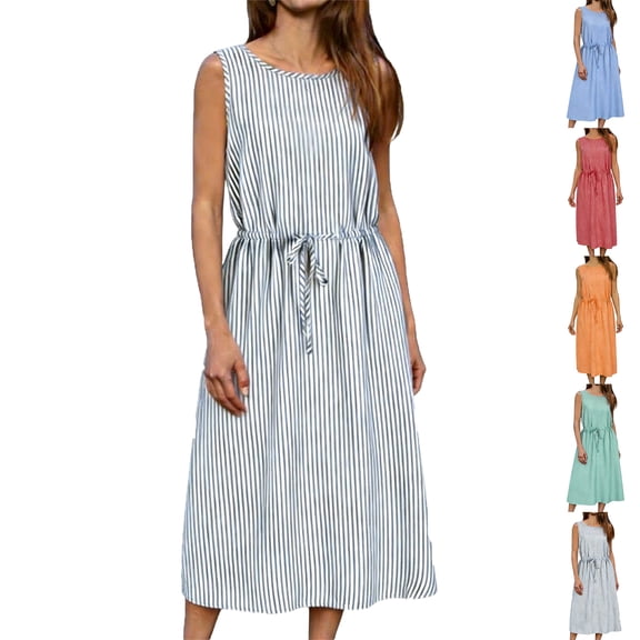 Lenago Dresses for Women Solid Color Sleeveless Dress Zipper Round Neck Stripe Linen Dress Summer Shirt Dress