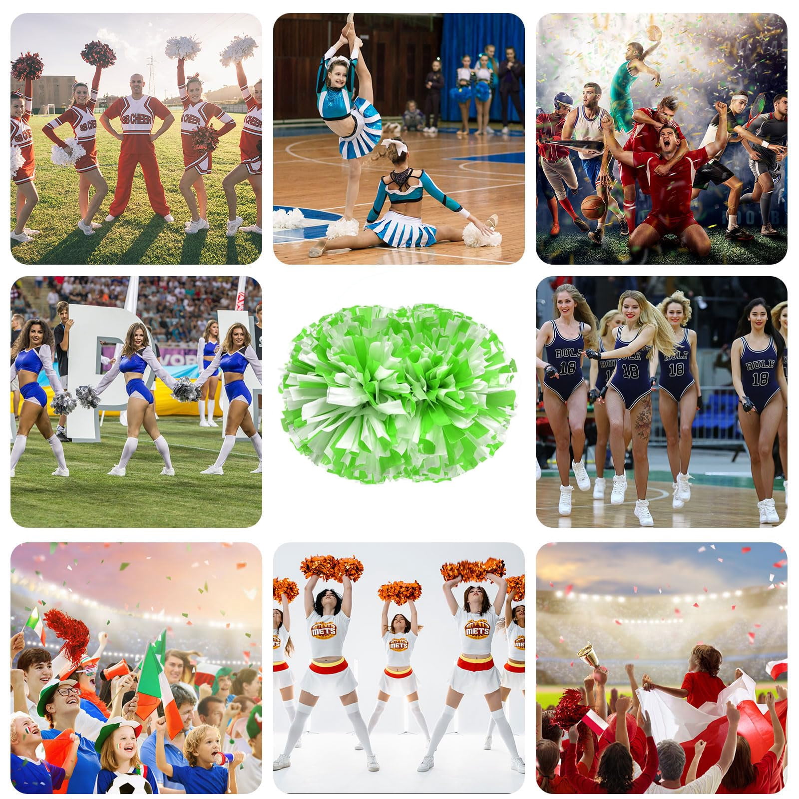 Cheer Pom Poms 8 Pcs with Handle, Cheerleading Handheld Squad Pompoms for Sports Team Cheer Spirit Games Dance Party Adults