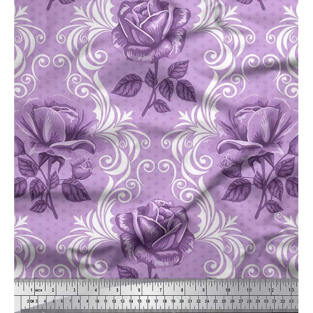 Soimoi polyester Crepe Fabric Dot,Damask & Rose Flower Print Fabric by the Yard 52 Inch Wide