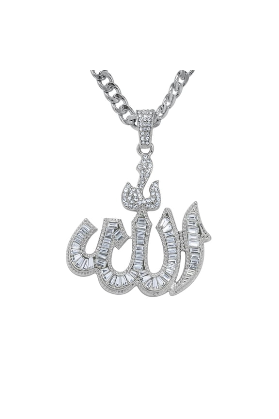 Men's Iced-Out Medium Allah Pendant with 6mm Cuban Chain Hip-Hop Fashion Necklace, Sparkling Statement Jewelry, Gift for Him - 52mm Silver