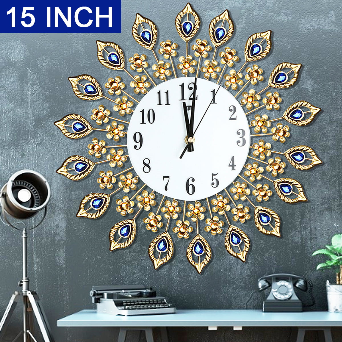 Beautiful Large Metal Peacock Wall Clock Silent Crystal Gold Flowers Room Decor 