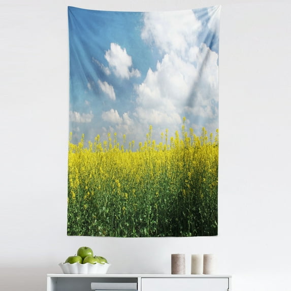 Country Tapestry, Blooming Rape Field and Clear Sky Clouds Saxony Germany Rustic Eco, Fabric Wall Hanging Decor for Bedroom Living Room Dorm, 5 Sizes, Yellow Green Blue, by Ambesonne