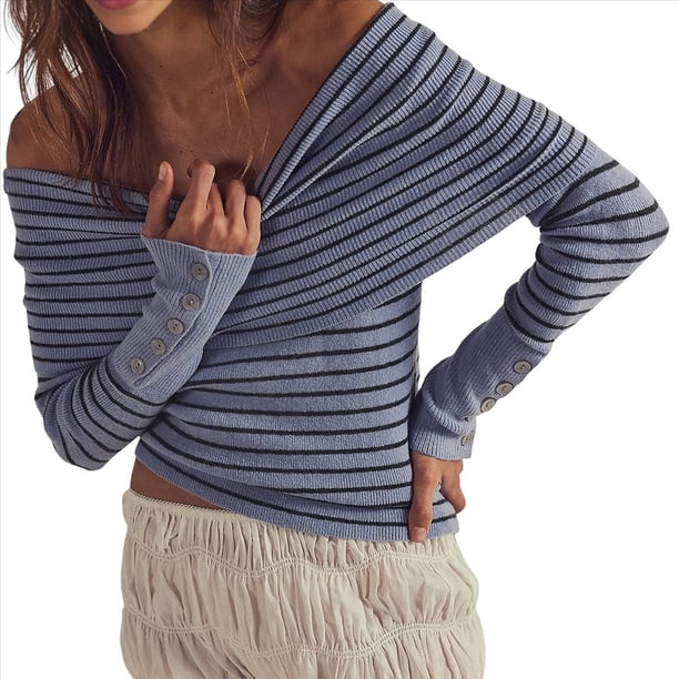 Jersey de Punto Y2K para Mujer, con Hombros Descubiertos, A Rayas y Larga Púrpura L