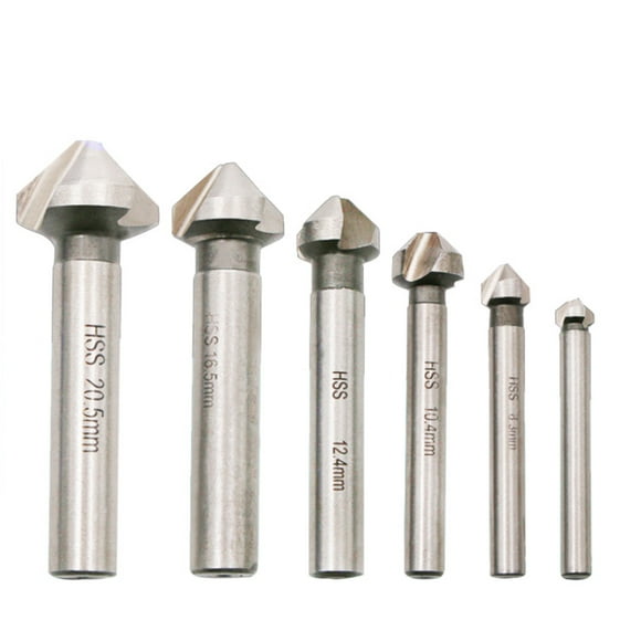6 Pcs 90 Degree 3 Flute Titanium Coating Chamfering Cutter Drill Bits Chamfer Countersink Bits Set for Sink Holes Stainless Steel Copper Metals Silver