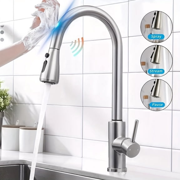 Brushed Nickel Pull-Down Kitchen Faucet with Touch Sensor, Matte Black, 304 Stainless Steel, Modern Style