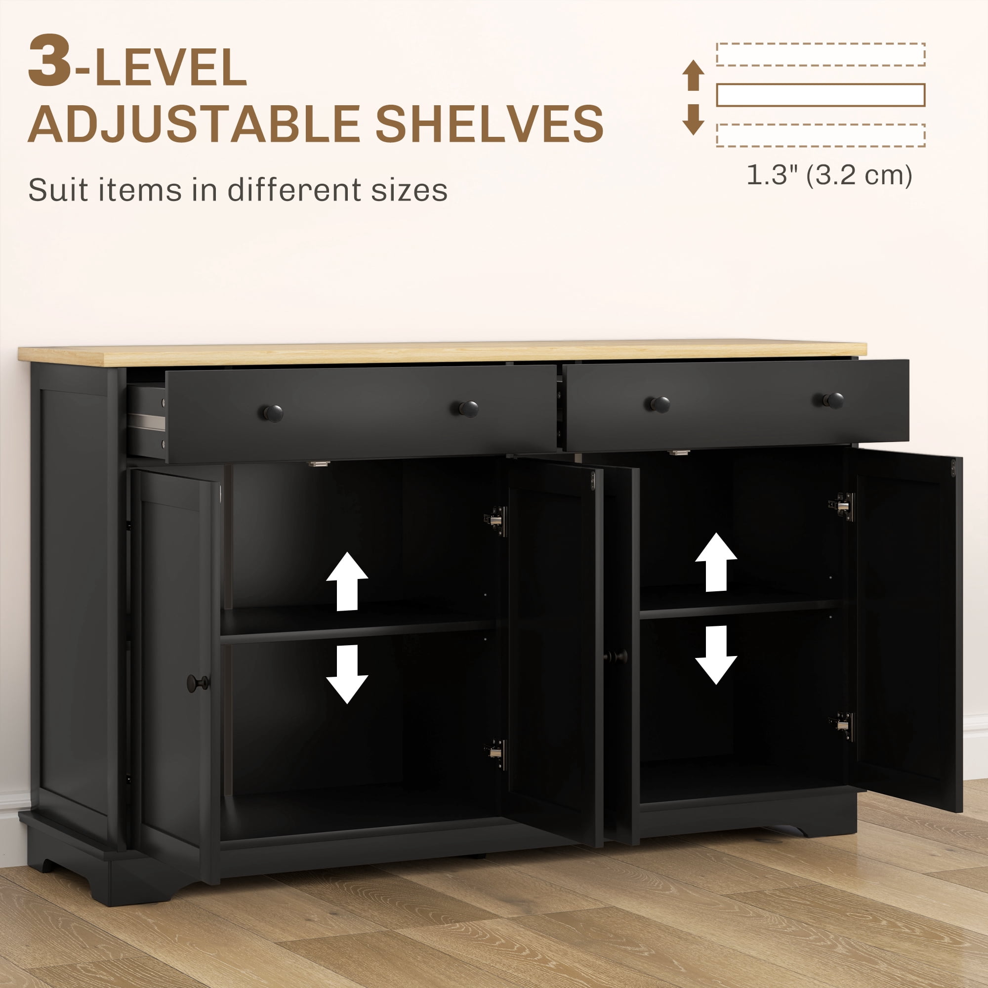 HOQBN Sideboard Buffet Cabinet, Storage Cabinet with Functional Drawers and Adjustable Shelves, Multipurpose Furniture for Living Room, Dining Room and Entryway, Black