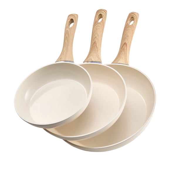 VEVOR Frying Pan Skillet, Aluminum Egg Fry Pans, 3 Piece (8, 9.5, 11 in), Nonsitck Ceramic Heavy-Duty Skillets with Heat-Resistant Handle, Chef's Kitchen Cookware for Gas, Electric, Induction, Beige
