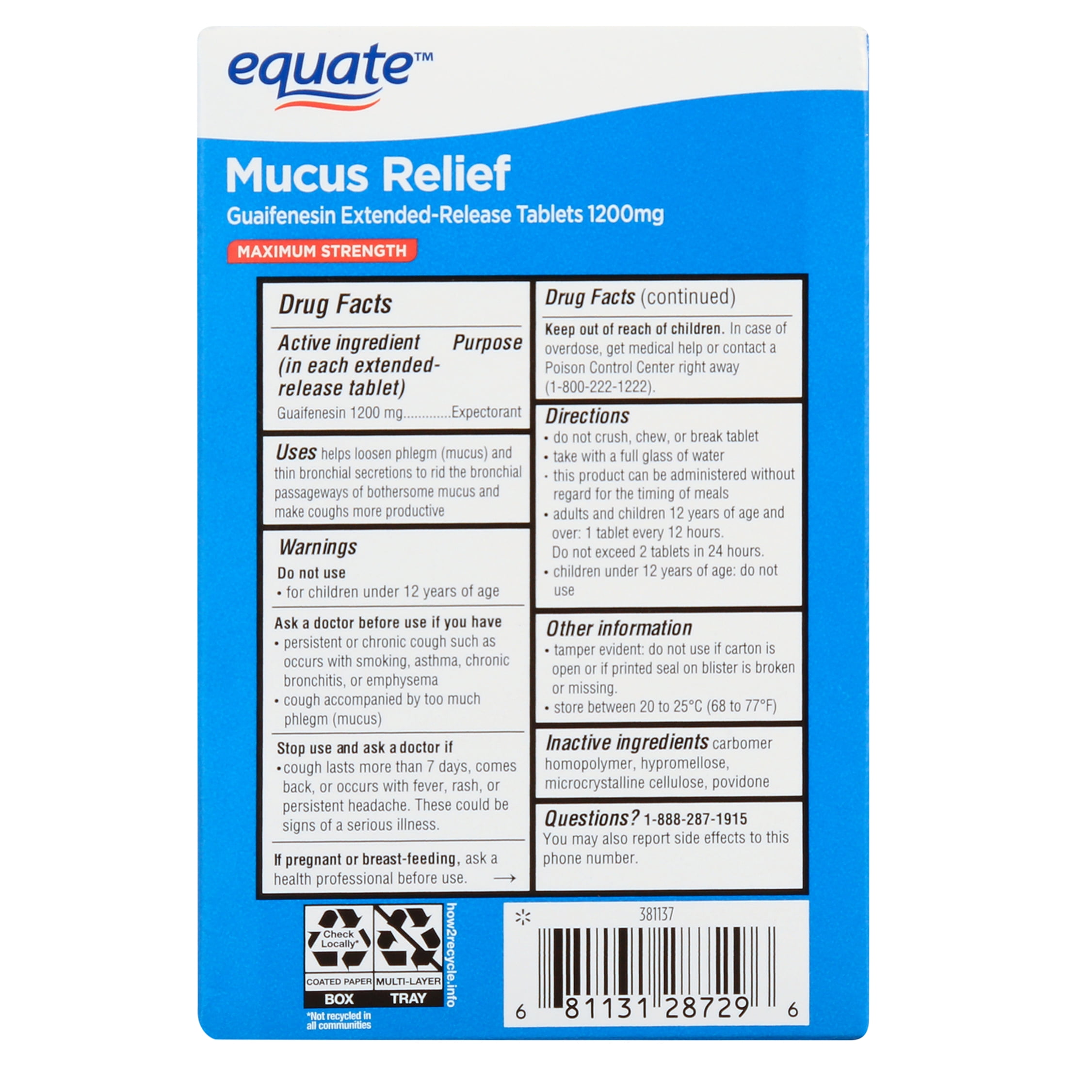 Equate Alcohol-Free guaifenesin Chest Decongestant Tablets for Chest Congestion, Flu, Cold Symptoms with 28 Tablets, 1200 mg