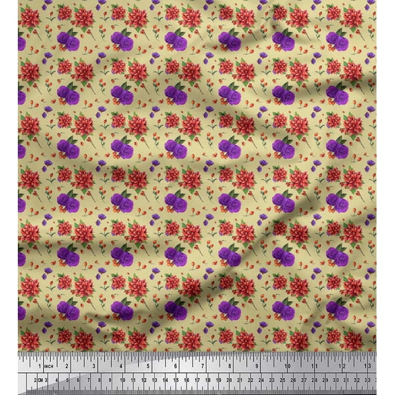 Soimoi Beige Cotton Duck Fabric Ranunculus & Chrysanthemum Floral Printed Fabric 1 Yard 42 Inch Wide