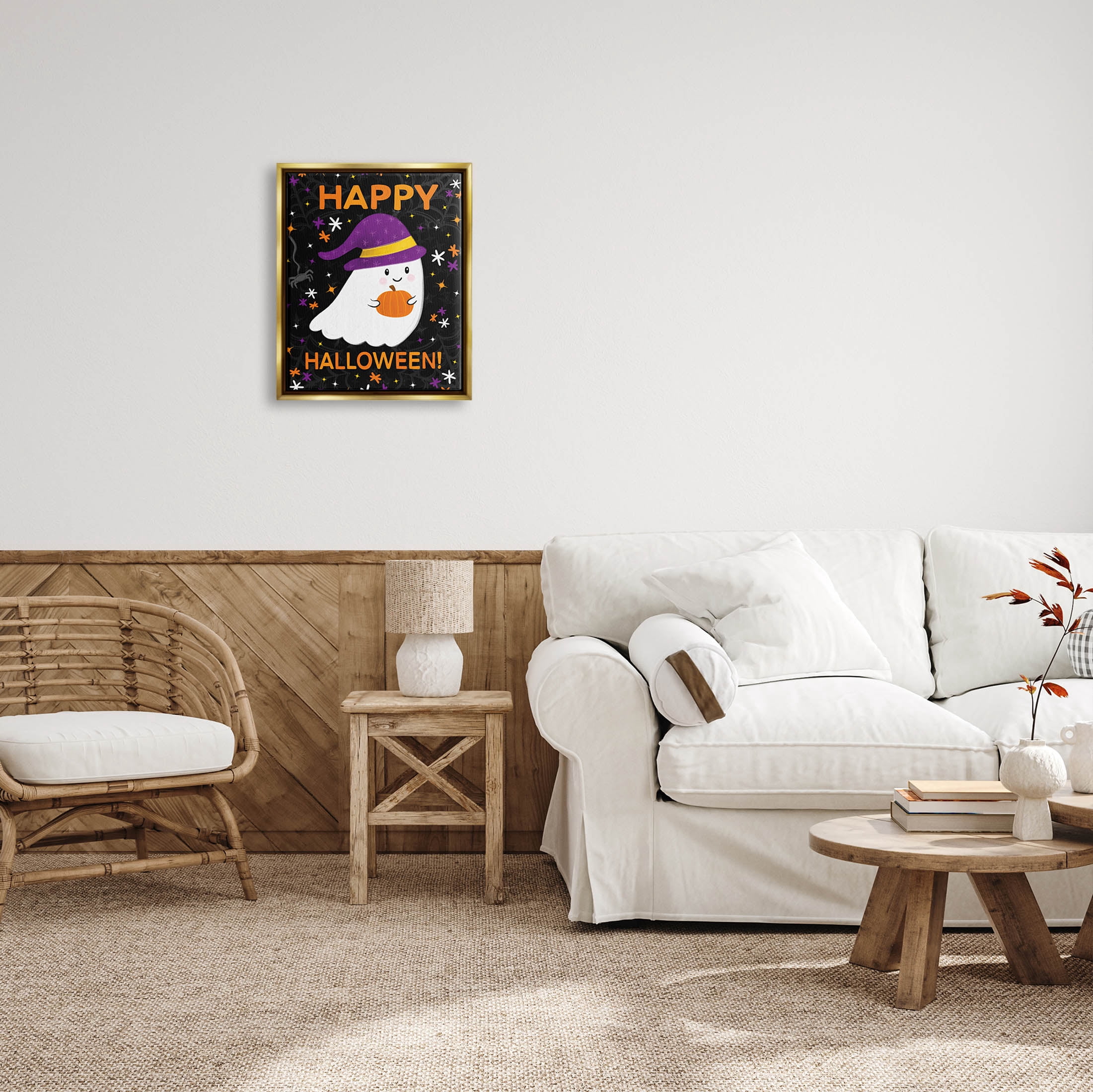 Stupell Industries Happy Halloween Happy Ghost Graphic Art Metallic Gold Floating Framed Canvas Print Wall Art, Design by Emily Cromwell