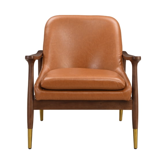 ROOMARK 29.1'' Mid-Century Faux Leather Accent Chair with Cushioned Seat, Solid Wood Frame, and Brass-Tipped Legs – Perfect for Living Room, Bedroom, or Office Lounge