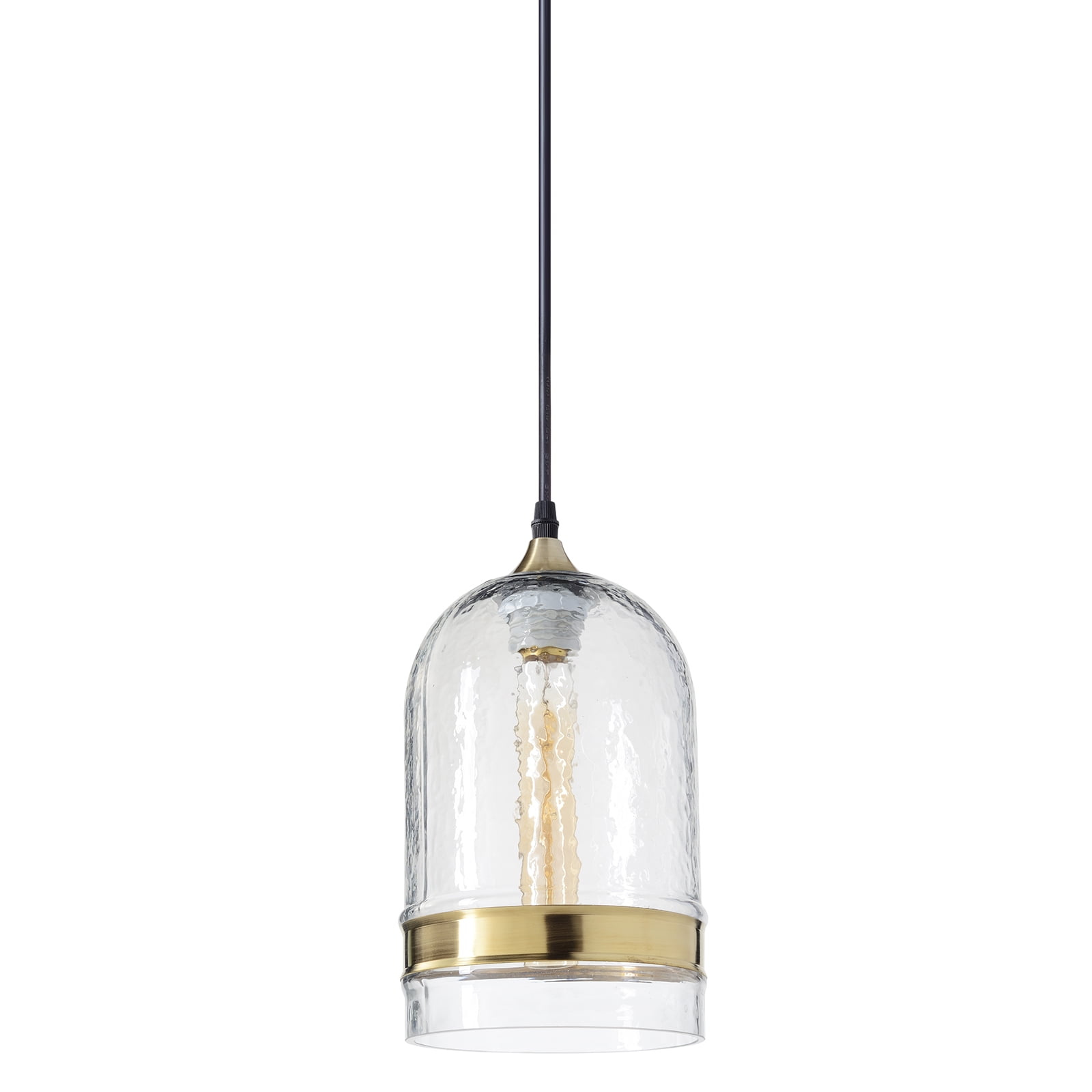 CASAMOTION Hammered Glass Pendant Light with Brass Ring, Clear, Medium
