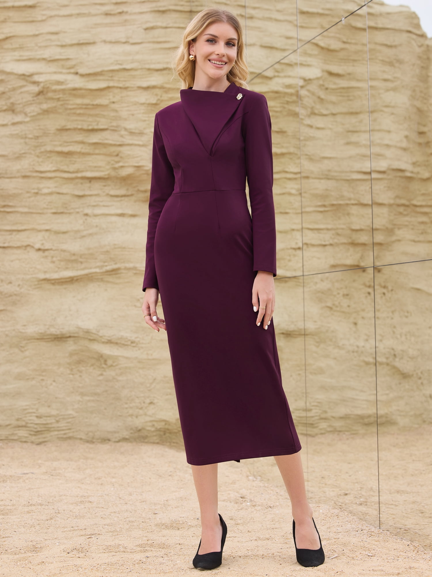 DARING DIVA Women's Elegant Pencil Dress Lapel V Neck Long Sleeve Dress M Purple