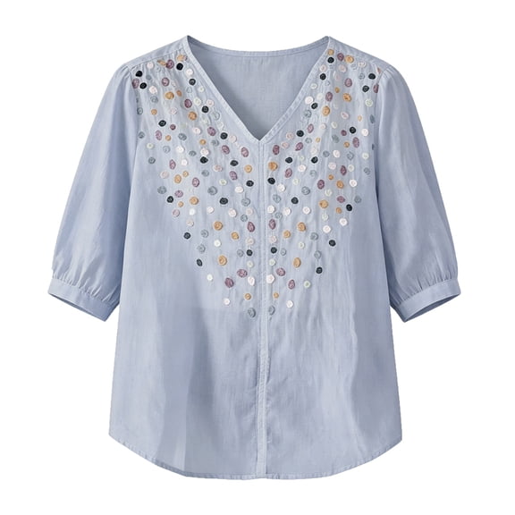 Embroidered Linen Tops For Women,Flowy Bohemian Tunics For Women Spring 2026 Gauze Tops Cotton Blouses For Women Lightweight Breathable Shirts Cotton Linen Tops Peasant Blouses For Women V Neck