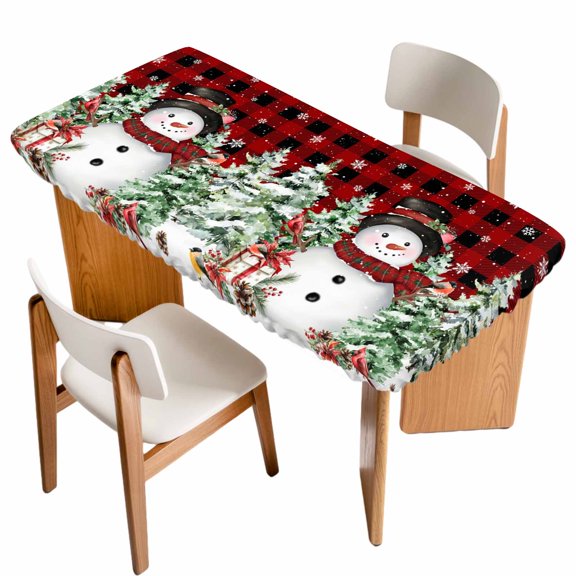 Christmas Table Cloths for 3 Foot Rectangle Tables, Snowman Snowflake Trees Watercolor Birds Red Plaid Patio Waterproof Elastic Fitted Tablecloths, Washable Rectangular Table Cover for Camping