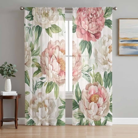 Pink Botanical Flowers Sheer Curtains 72 Inch Length 2 Panels Set Spring Pastoral Floral Voile Window Treatment Rod Pocket Curtains Sheers Drapes for Bedroom/Living Room/Kitchen 52 x72 x2