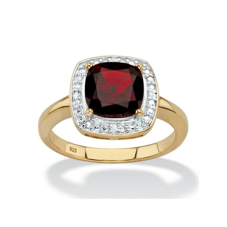 Red Garnet Ring - 2.20 TCW Genuine Cushion-Cut Red Garnet and Diamond Accent Pave-Style Halo Ring in 14k Yellow Gold over Sterling Silver
