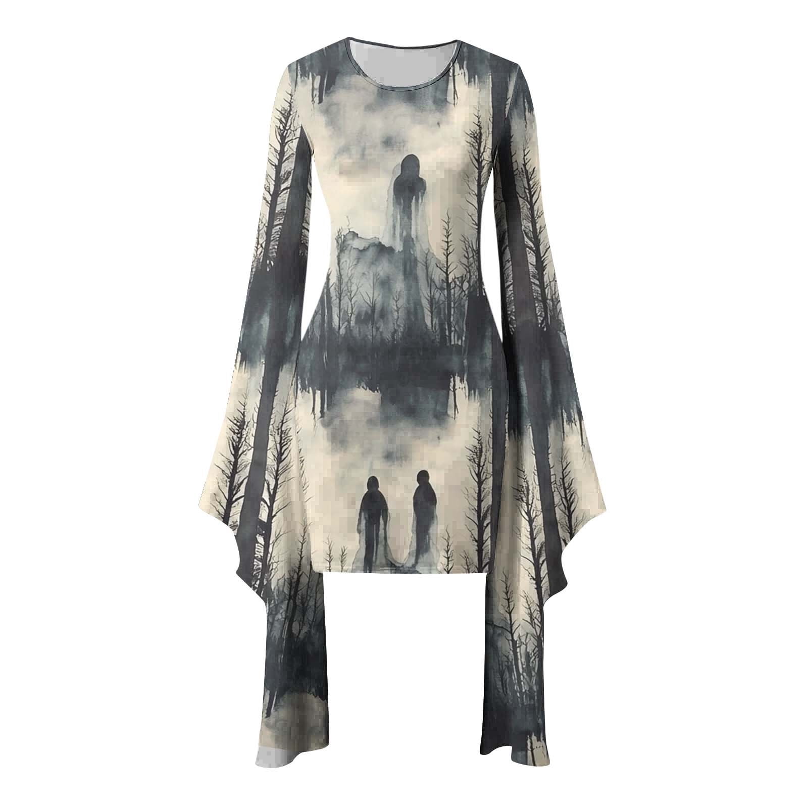 Womens Halloween Costumes Ghost Printed Bodycon Mini Dress Batwing Sleeve Crew Neck Masquerade Dresses Scream Costume