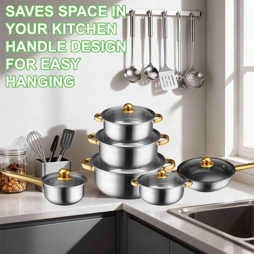 20-Piece Stainless Steel Cookware Set, Pots and Pans Set with Glass Lids and Cooking Utensils, Induction Compatible, Silver