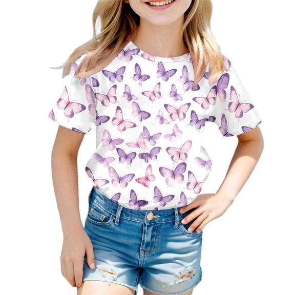 Xijirk Girls Shirts,Kids Butterfly Print Short Sleeve T Shirt Tops Casual Soft Breathable Cute Nature Design for Daily Wear Outdoor Fun,Boys Shirts,12-13 Years,Purple