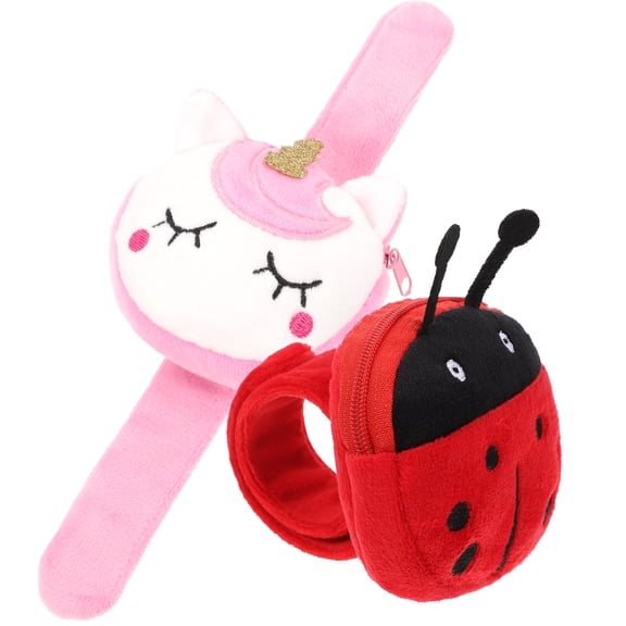 Toyvian 2pcs Kids Slap Bracelets with Plush Purse Ladybug Wallet Wristband Jungle Party Favors Mini Stuffed Animal Pouch