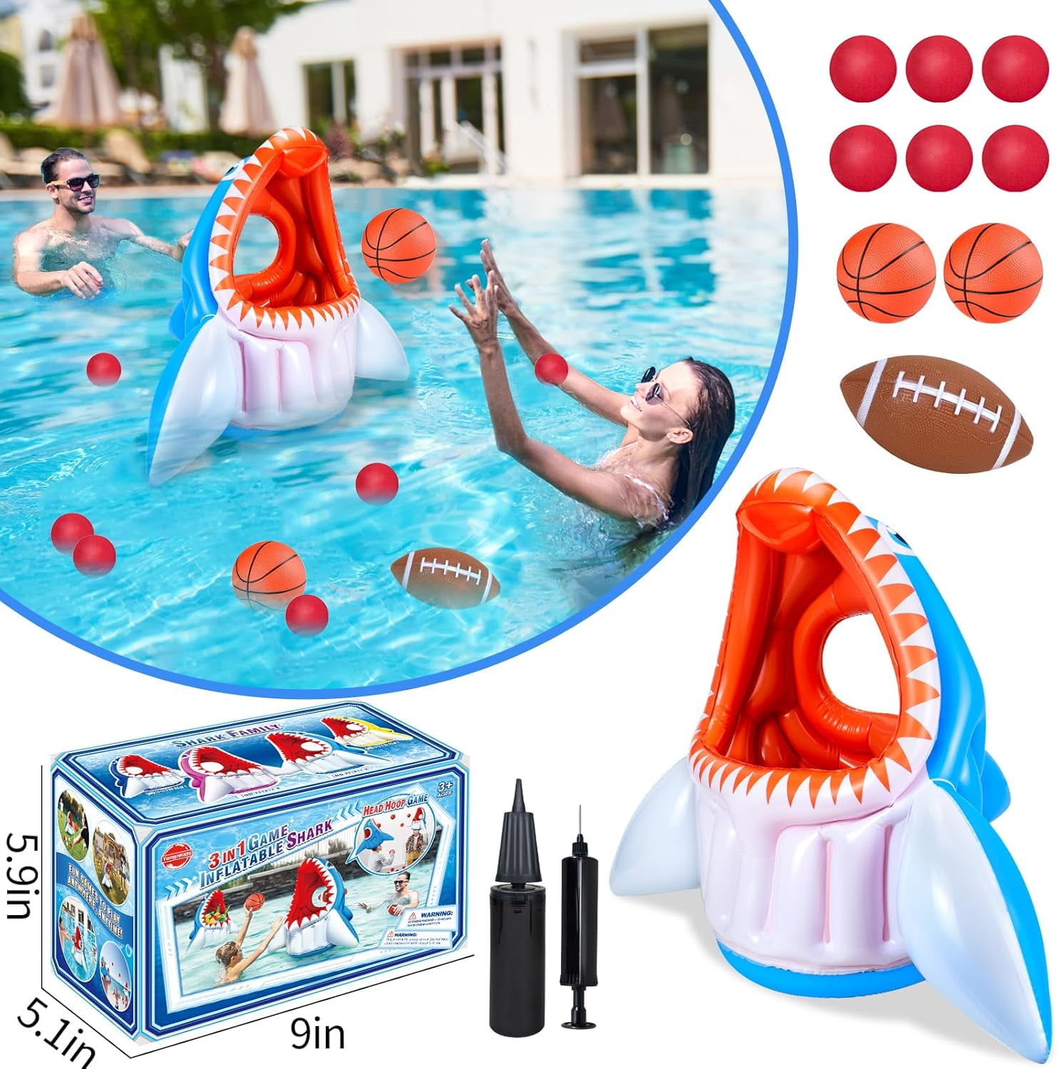 Inflatable Pool Toys, Basketball Football Head Hoop Toss Floats Shark Toy, Outdoor Water Game Activities Cool Toys for Boys Kids Adults Family, Swimming Pool Party Water Carnival Pool Float Toys