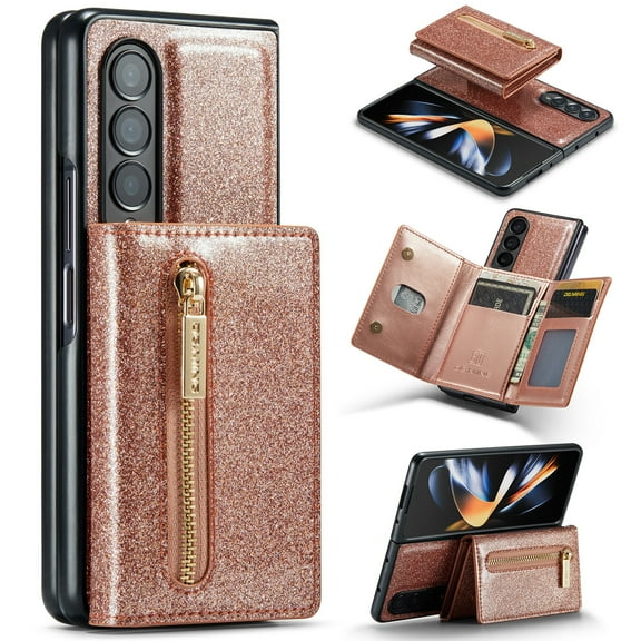 Dteck Zipper Wallet Case for Samsung Galaxy Z Fold 3 5G,Premium Glitter PU Leather Case Bling Magnetic 2 in 1 Detachable Card Pocket Kickstand Shockproof Rubber Cover,Rosegold