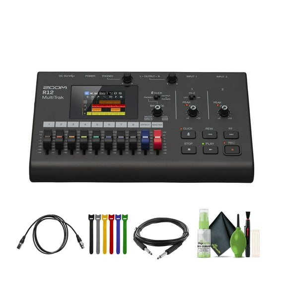 ZOOM Digital Multitrack Recorder (R12)   10 Ft XLR Cable   Cleaning kit   Wire Straps    Xpix Balanced Interconnect, 1/4 inch TRS to Same, 15 ft