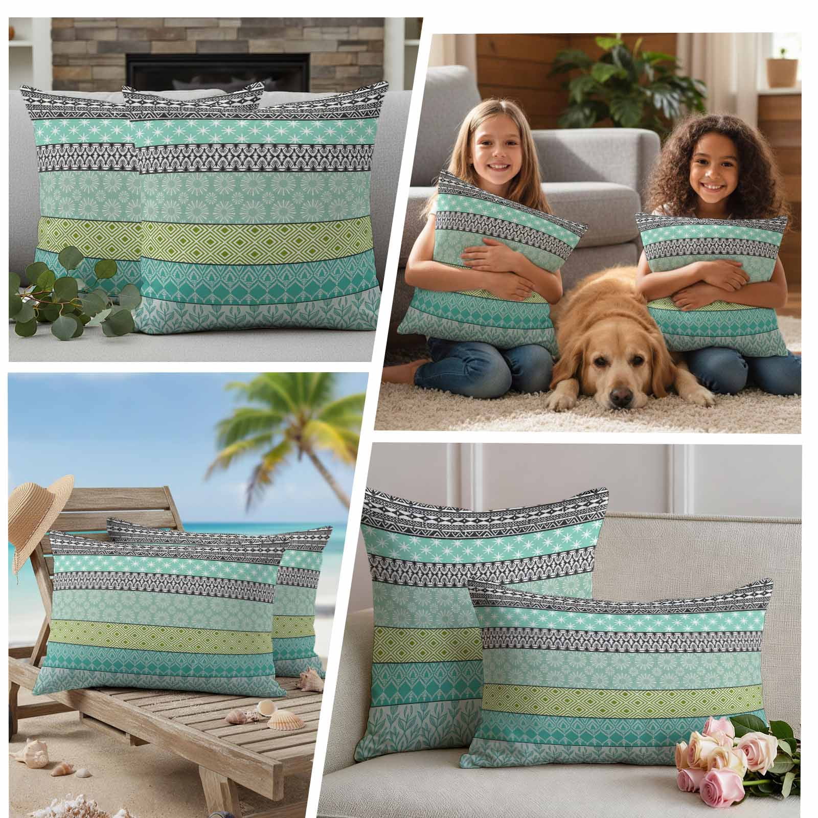 Outdoor Waterproof Throw Pillow Covers Set of 2 Teal Bohemian Decorative Pillowcases Square Pillows Cushion Case 16x16 Inch Boho Style Floral Leaves Geometric Patio Pillows for Couch Sofa Bed