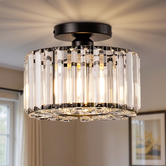 YANSUN 10 in 1-Light Black Modern Semi-Flush Mount with Crystal Shade and No Bulbs Included