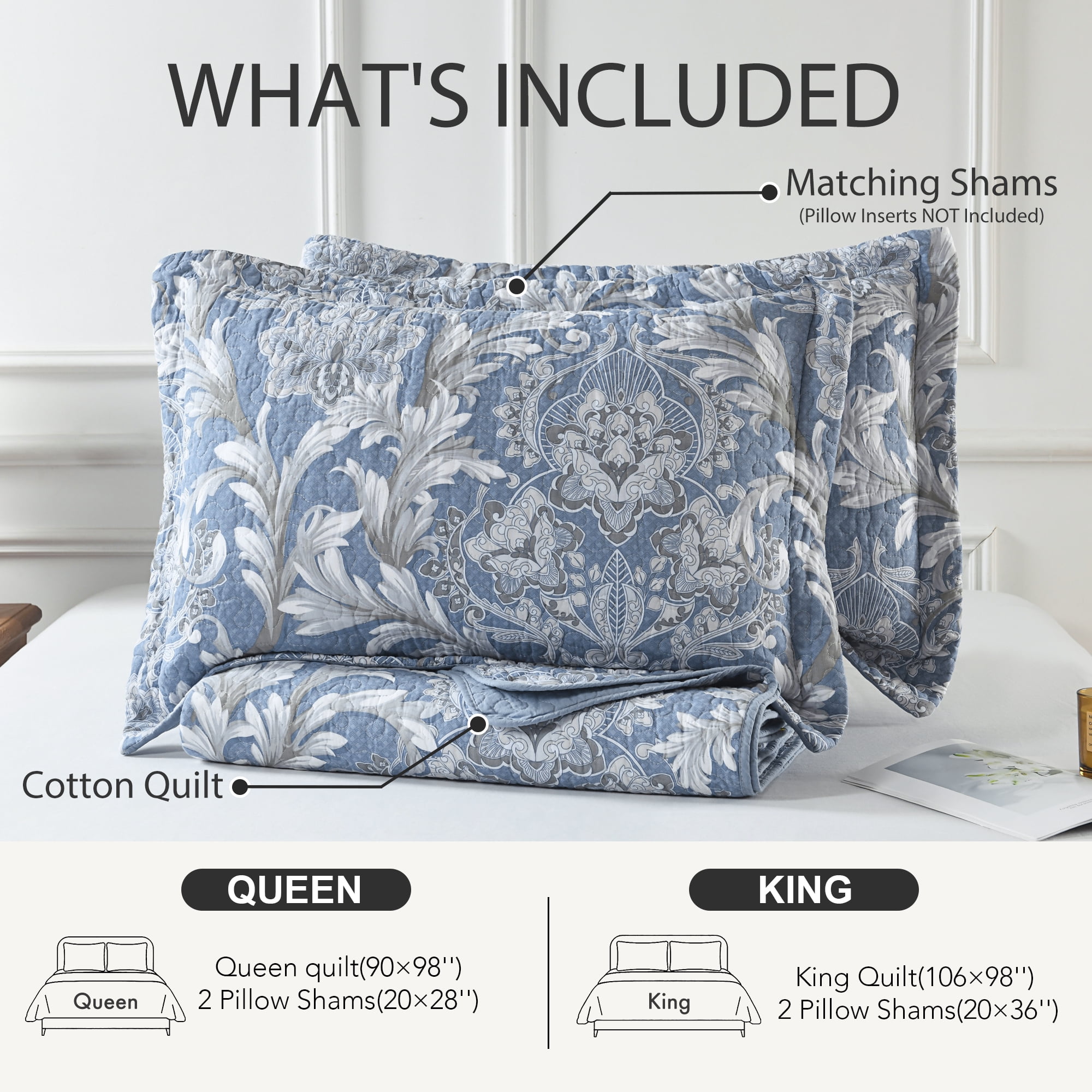 BCOTTON King Quilt Set - Luxury Blue Floral Beddings - 100% Cotton All Season Reversible Bedspread Set for King Bed- Lightweight, Soft, Pre-Washed(Blue/White)