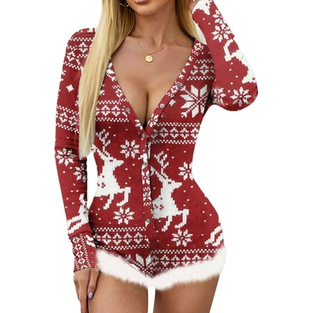 

Gureui Women s One Piece Christmas Pajamas Jumpsuit Sexy Long Sleeve Deep V Neck Button Fluffy Trim Bodycon Shorts Romper Bodysuit